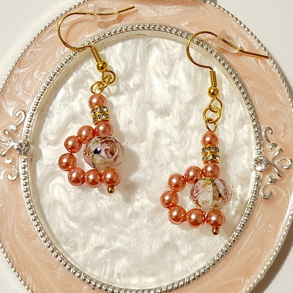 Coral Gold Sand Lampwork Crystal and Pearl Fashion Earrings - Picture 2 of 3